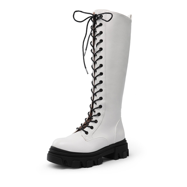 Lace Up Knee High Boots - WHITE PU -  0